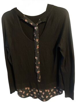 LOFT Top Womens Black Layer Look Floral Tie Back Sz S